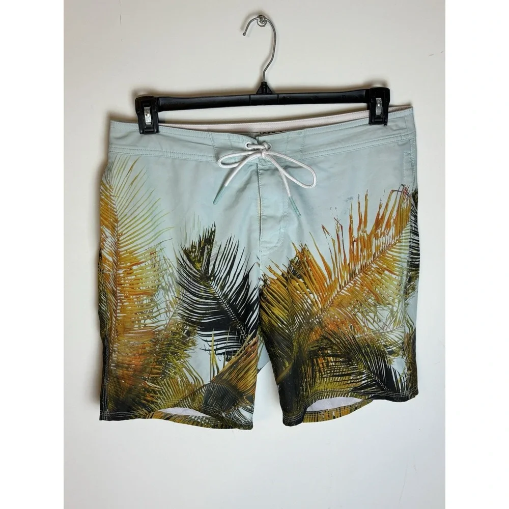 American Eagle Mens Med Board Shorts Blue Palm Tree Print Lace Up Drawstring